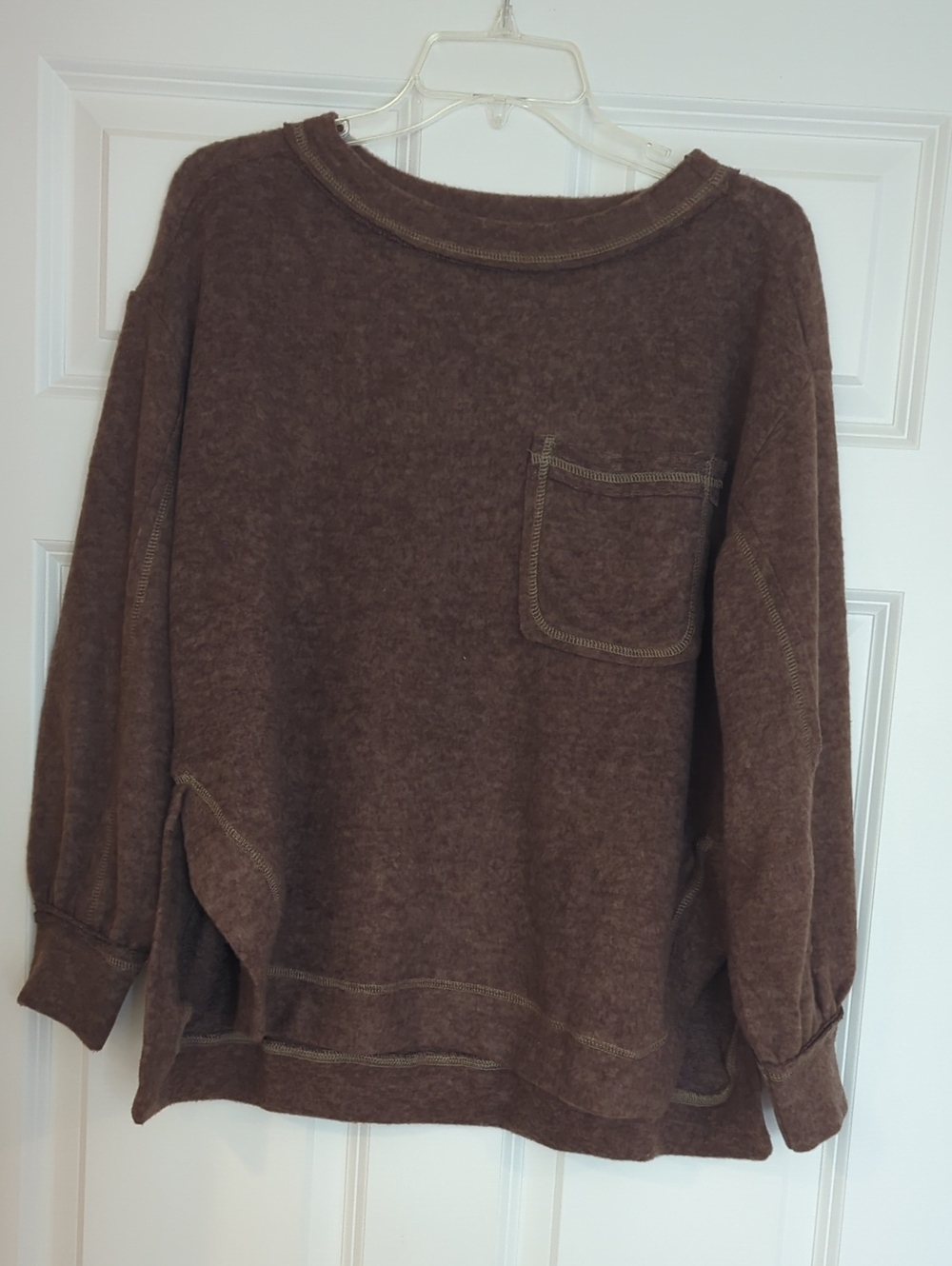 Zenana Outfitters Relaxed Crewneck Sweater with Pocket - Brown